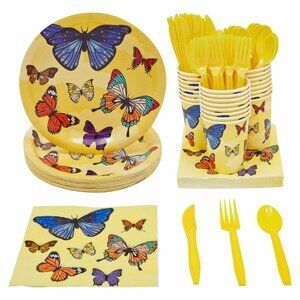 144 Pc Butterfly Party Supplies Plates Napkins Cups Yellow Cutlery Serves 24